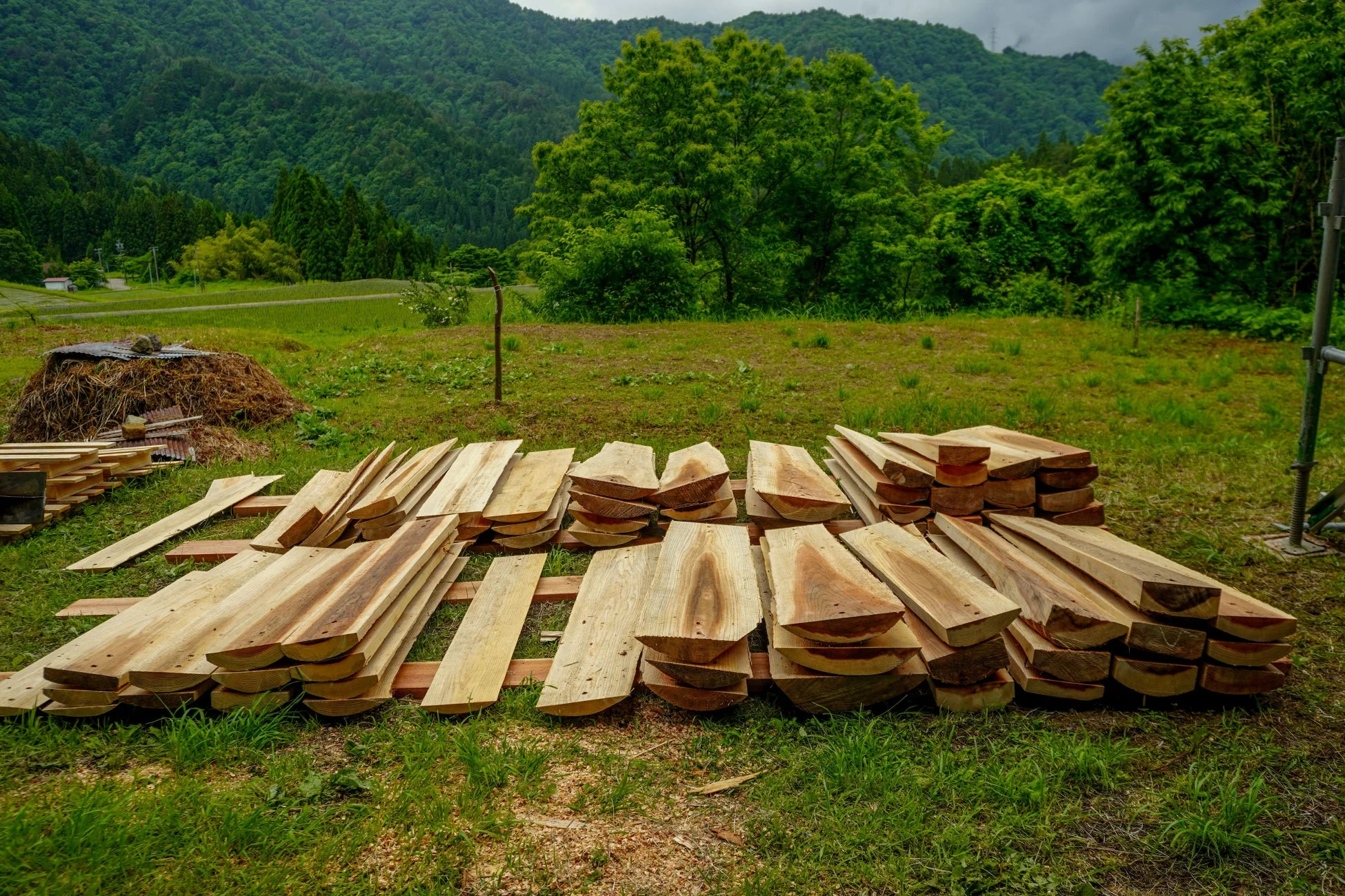 緑豊かな山々と畑が広がる自然の中で、製材されたばかりの木材が地面に積まれています