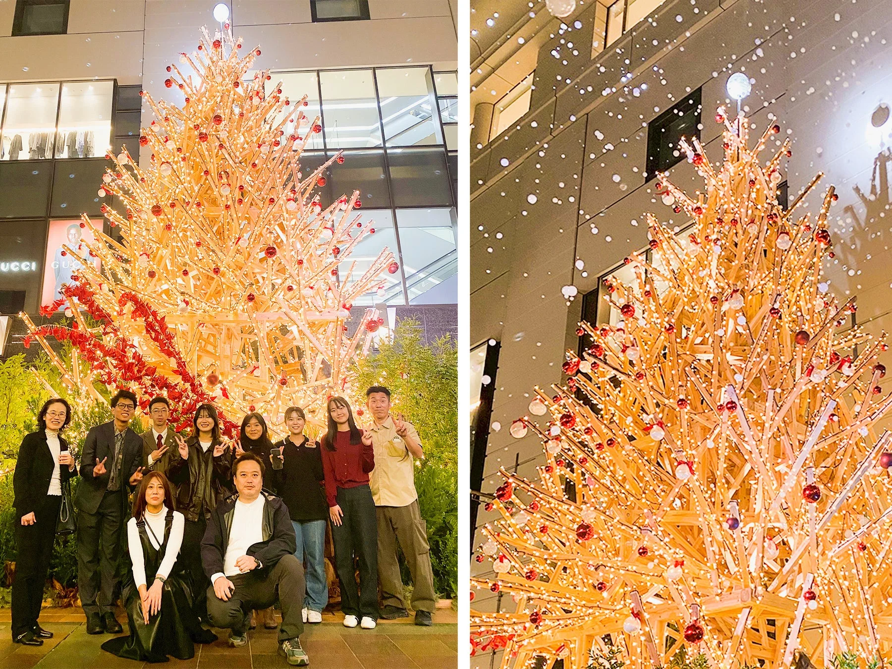 イルミネーションで美しく飾られた大きなクリスマスツリーの前で、複数の人々が楽しそうにポーズを取っている集合写真です。