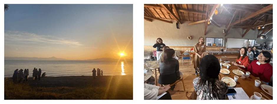 夕暮れのビーチと、屋内で交流する女性たち