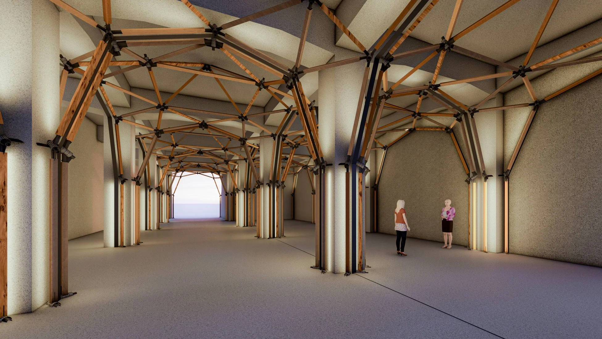 木製の複雑なトラス構造が特徴的なモダンな屋内空間のレンダリング