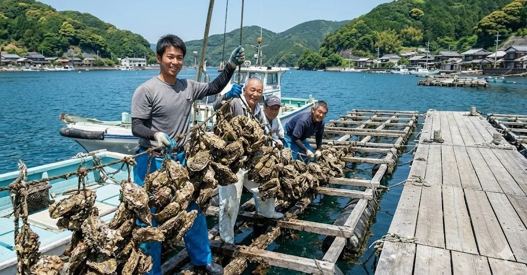 牡蠣の収穫作業をしている漁師たち