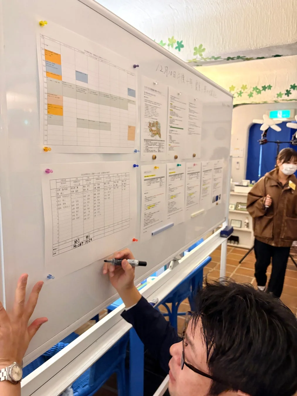 ホワイトボードにスケジュールや資料が貼られ、一人の男性がマーカーで書き込みをしている様子