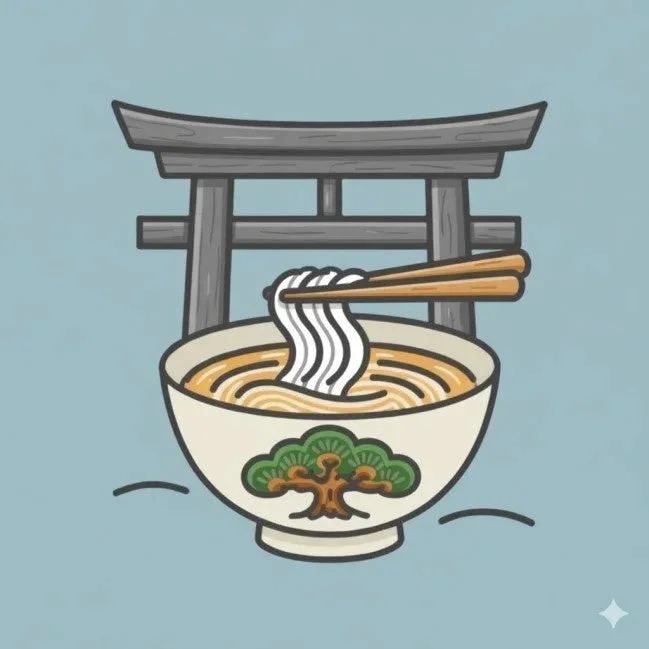 鳥居を背景に、箸で麺を持ち上げているどんぶりのイラスト