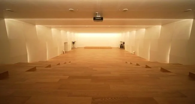 段差のある木製フロアとステージが特徴の、広々としたモダンな講堂または講演会場です。天井にはプロジェクターが設置され、白い壁面には間接照明と建築的なディテールが見られます。イベントを待つ静かで空っぽの空間です。