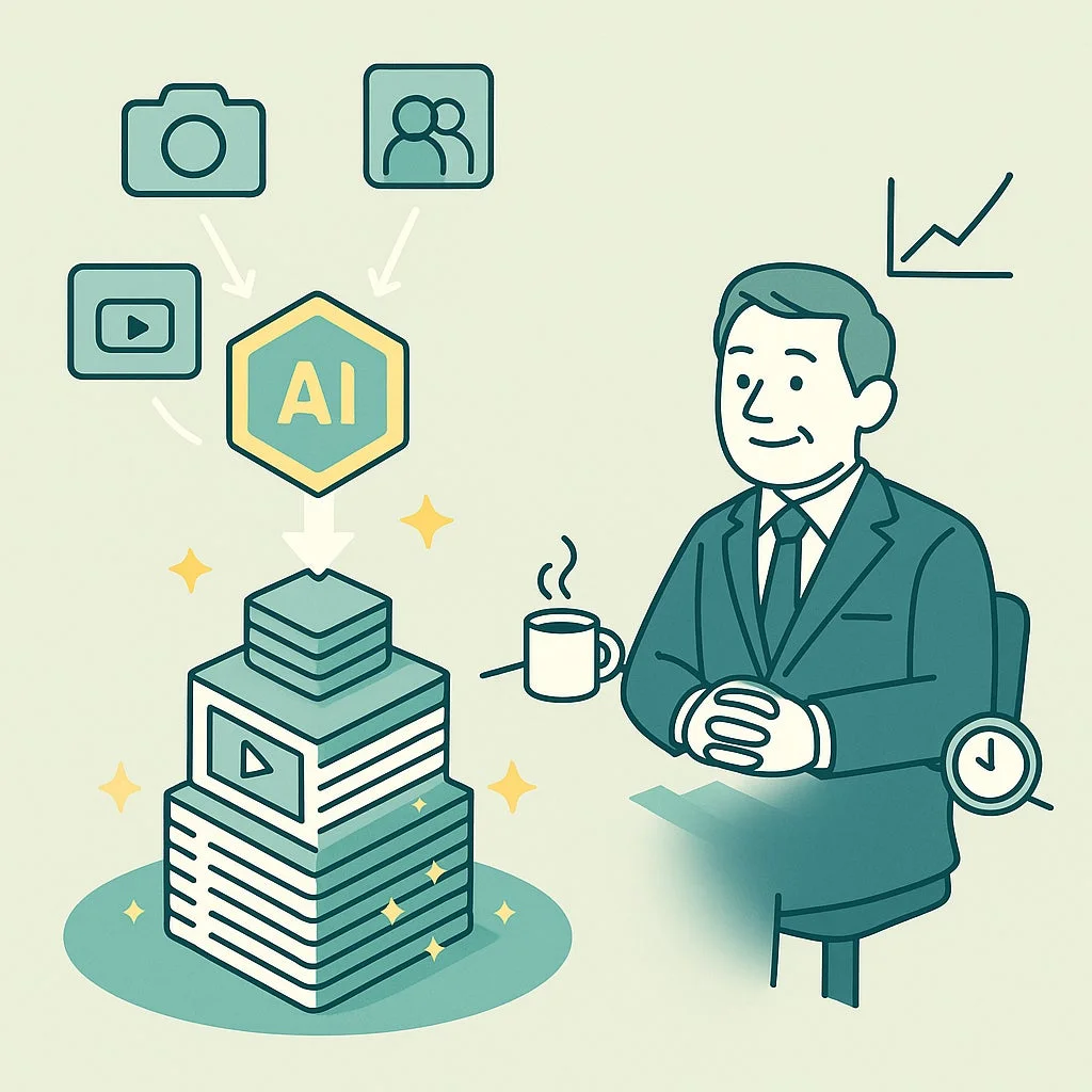 AIがデータ処理しコンテンツを生成するイメージ