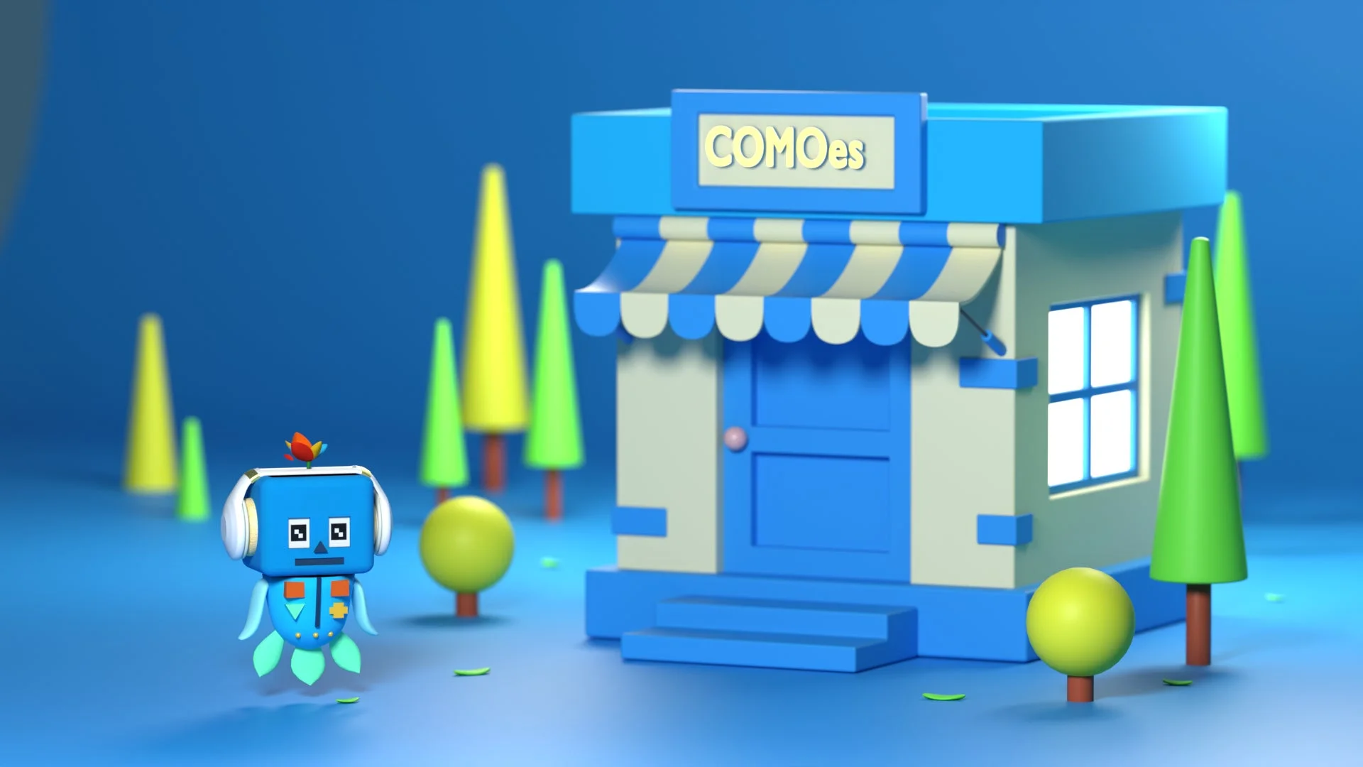 COMOesのロボットキャラクターと建物