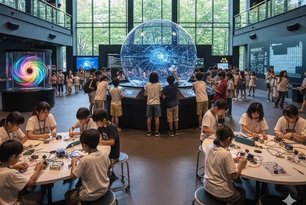 科学館のような場所で体験学習をする子供たち