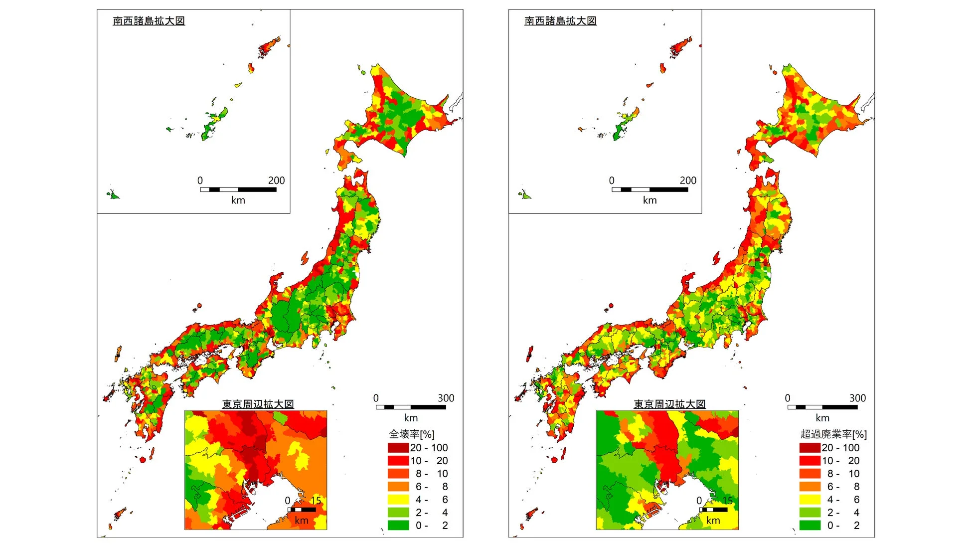 日本全国の全壊率と超過廃業率の地域分布を示す地図