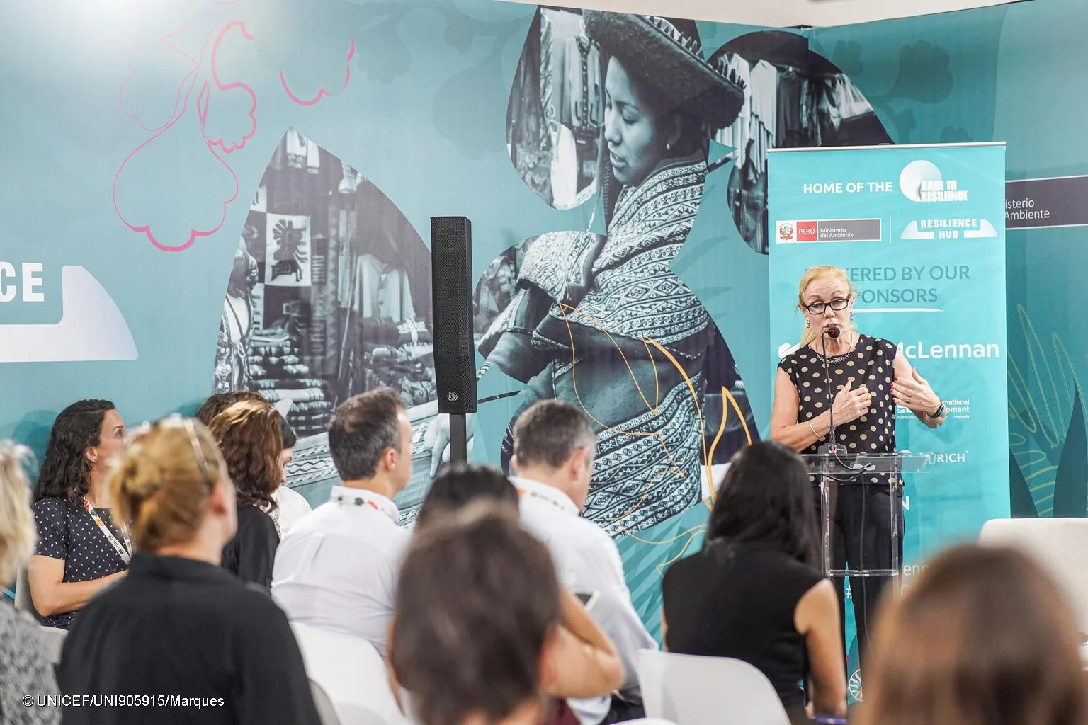 会議で講演する女性と聴衆