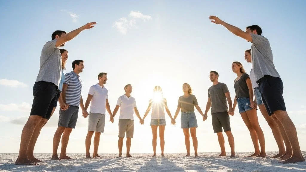 ビーチで円陣を組む人々