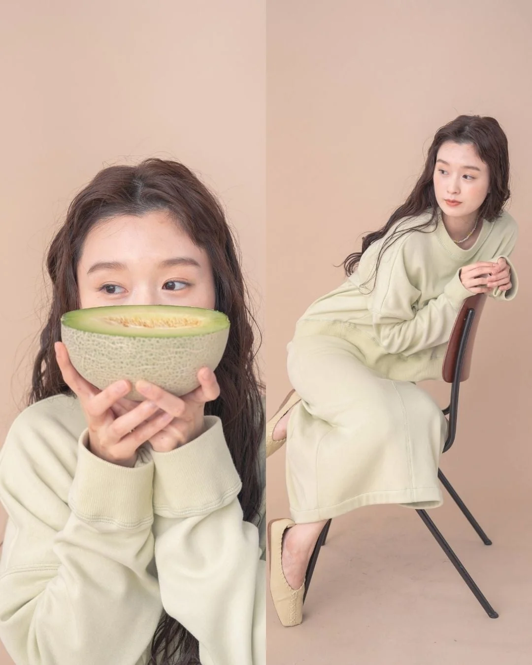 メロンの服を着た女性