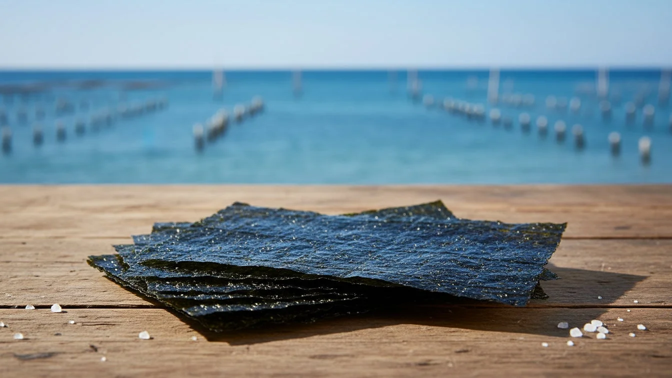 木製のテーブルに重ねられた乾燥海苔