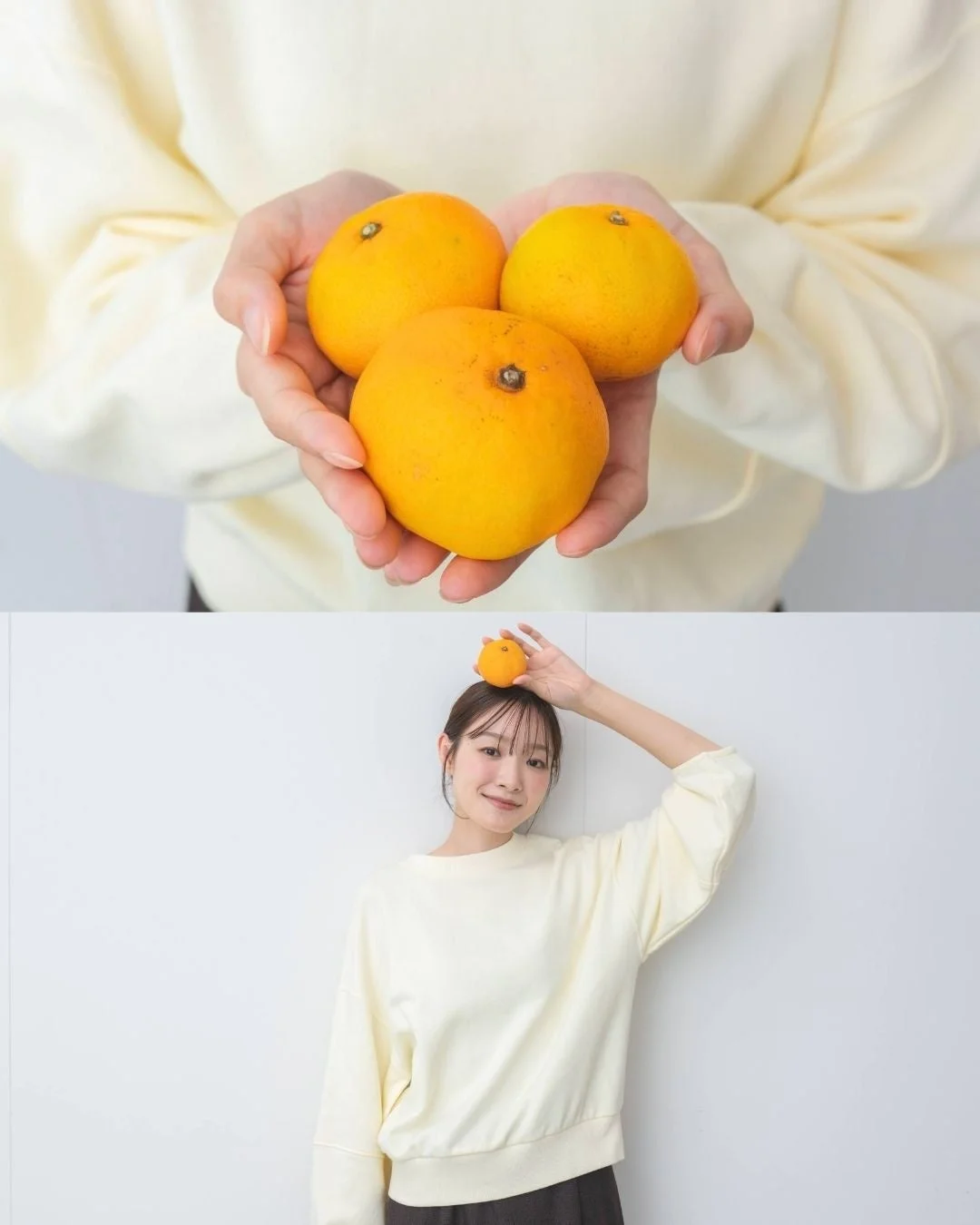 みかんを頭に乗せた女性