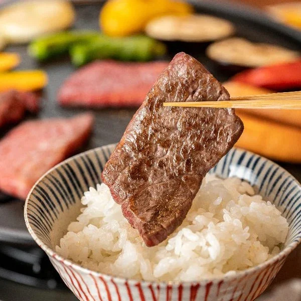 箸で掴んだ焼き立ての牛肉をご飯に乗せようとしている食欲をそそる瞬間