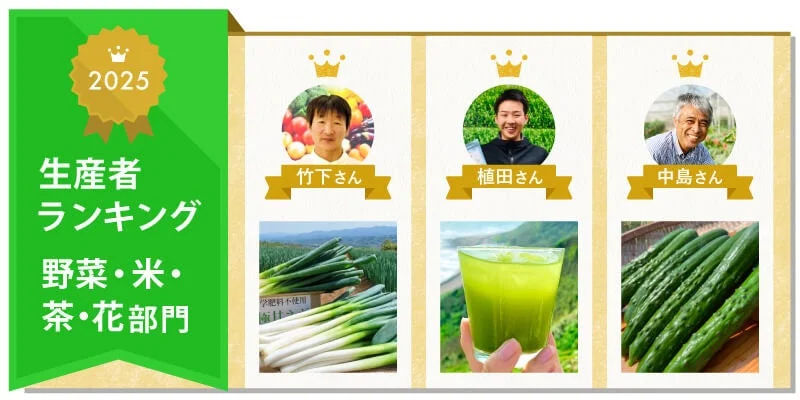 2025年の生産者ランキング、野菜・米・茶・花部門を紹介する画像