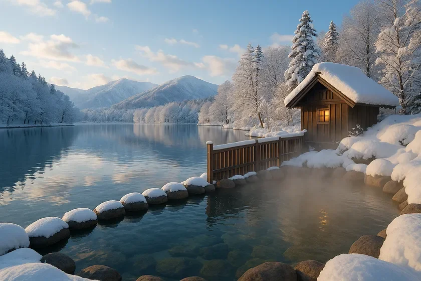 雪に覆われた山々や木々が美しい冬の湖畔の風景です。湖のほとりには湯気が立ち上る温泉があり、隣接する小さな木造の小屋からは温かい光が漏れています。静かで幻想的な日本の冬の情景を描いています。