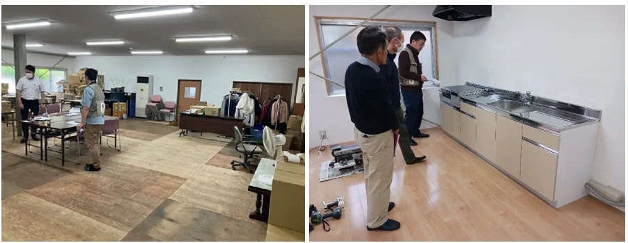 作業スペースと新しいキッチン設備を点検する人々