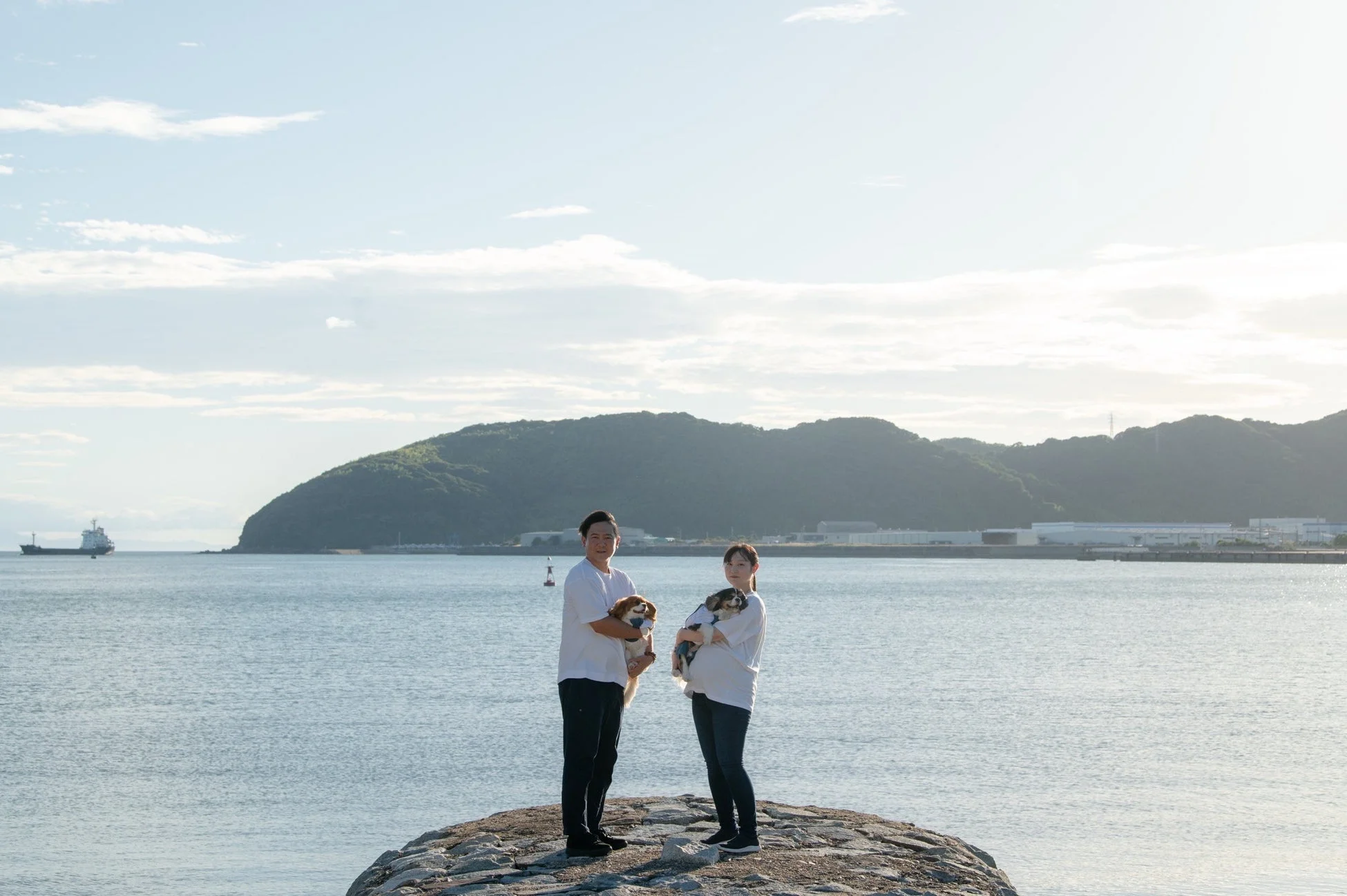 晴れた日に海辺の岩場に立つカップルが、それぞれ愛犬を抱いて笑顔を見せています。背景には穏やかな海と緑豊かな山々が広がり、遠くには船も見えます。