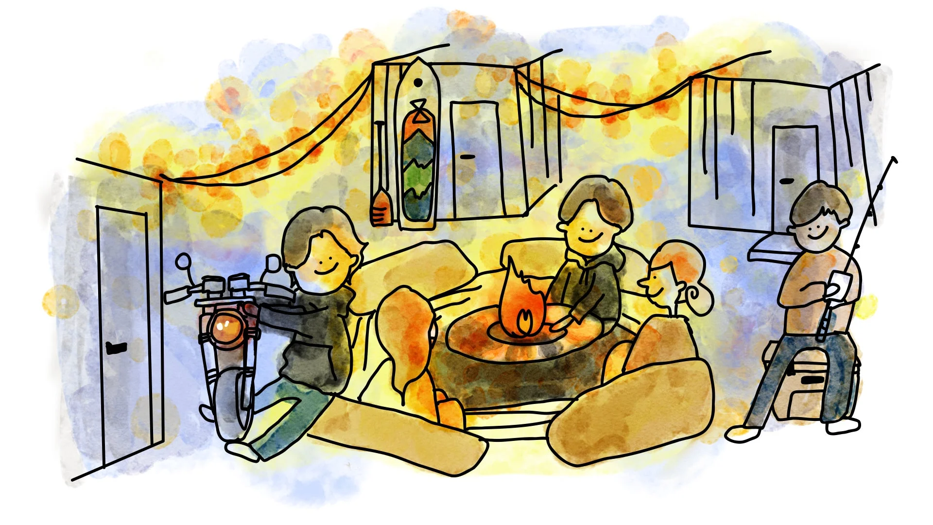 焚き火を囲んで団らんする人々のイラスト
