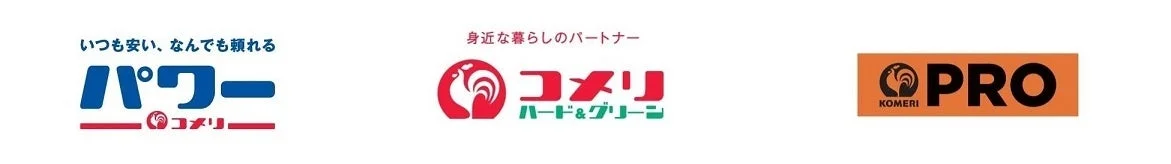 コメリの3つのブランドロゴ「パワー」「ハード&グリーン」「PRO」が並んで表示されています。それぞれのロゴには「いつも安い、なんでも頼れる」や「身近な暮らしのパートナー」といったキャッチフレーズが添えられています。