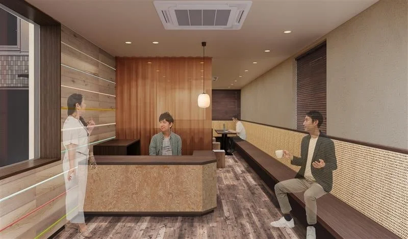 モダンで和風の要素を取り入れた商業施設のロビーまたはカフェのレンダリング画像