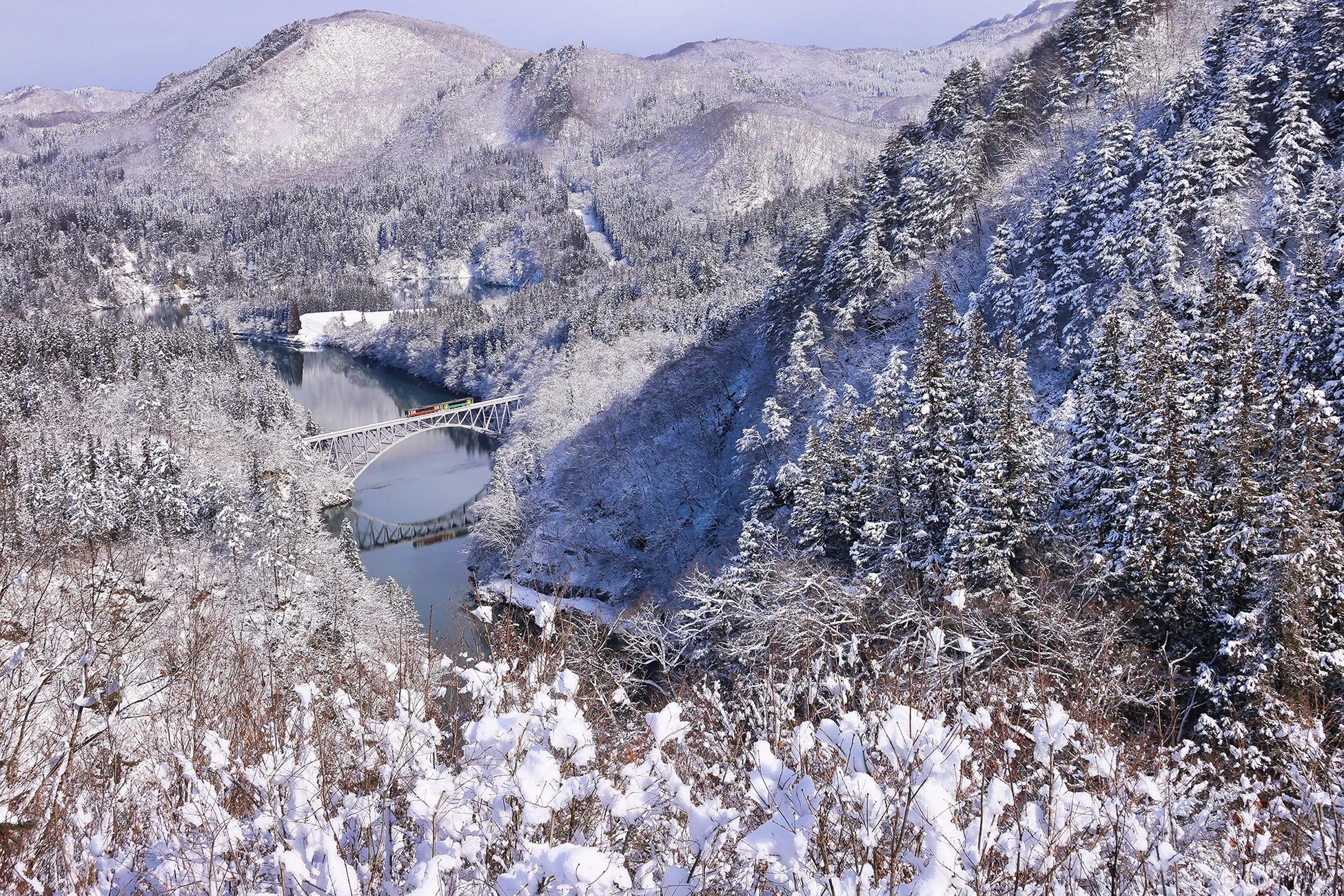 雪に覆われた雄大な山々と渓谷を走る列車