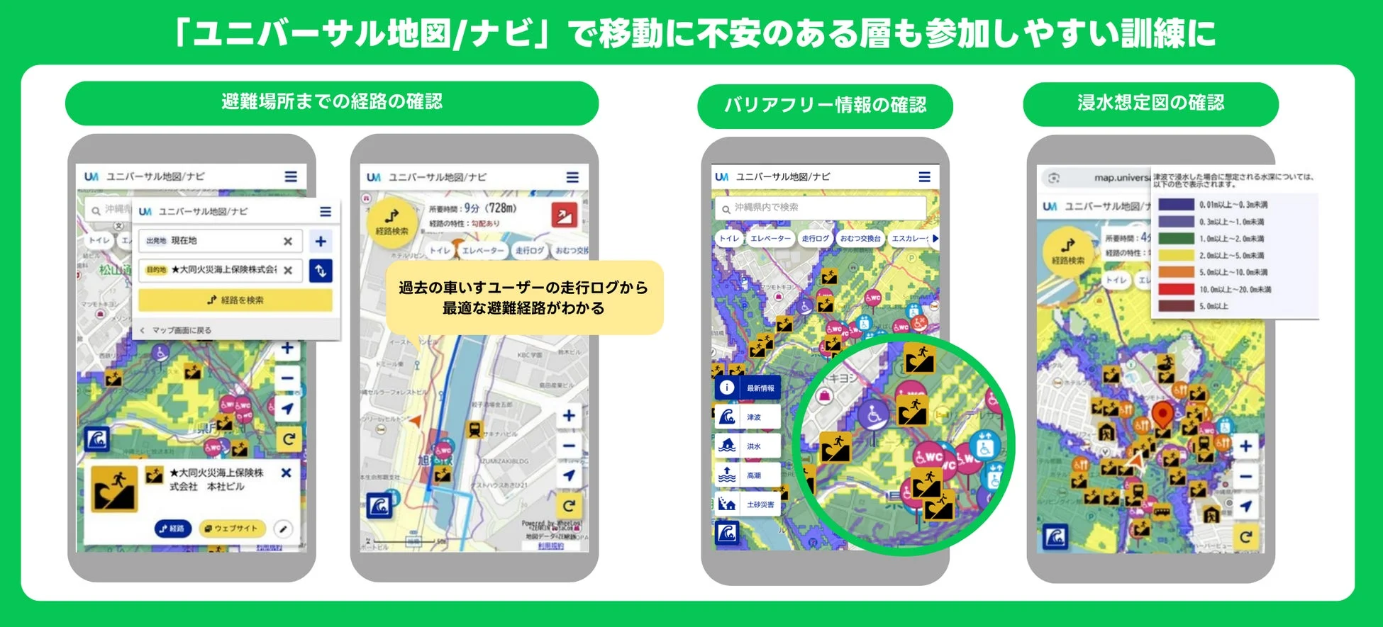 ユニバーサル地図/ナビによる避難経路確認機能