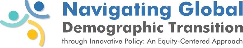 革新的な政策を通じて世界の人口転換を乗り越え、公平性を中心としたアプローチを示すロゴとテキストです。