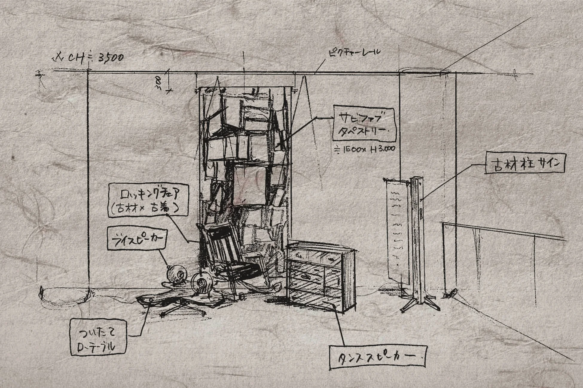 手書きのインテリアレイアウト図
