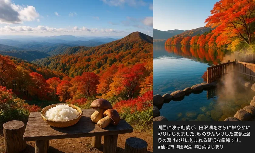 紅葉に染まる山々と、湖面に映る紅葉が美しい田沢湖畔の露天風呂。ご飯とキノコが秋の味覚を演出し、自然と温泉を満喫できる贅沢な季節の情景です。
