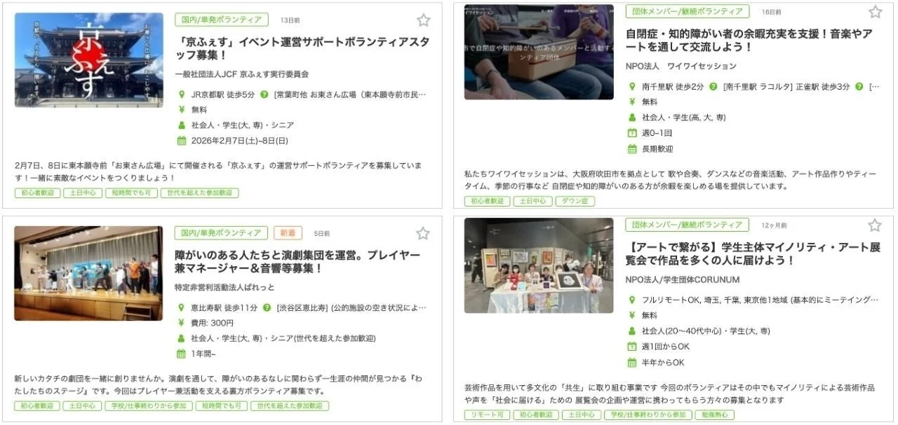 イベント運営、自閉症・知的障がい者支援、演劇集団運営、マイノリティのアート展覧会企画・運営など、多様なボランティア募集情報