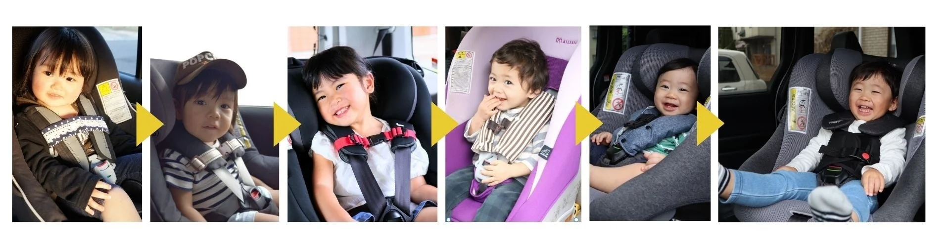 チャイルドシートに座る様々な年齢の子どもたち