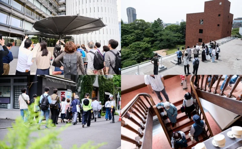 人々が建築を巡る様子