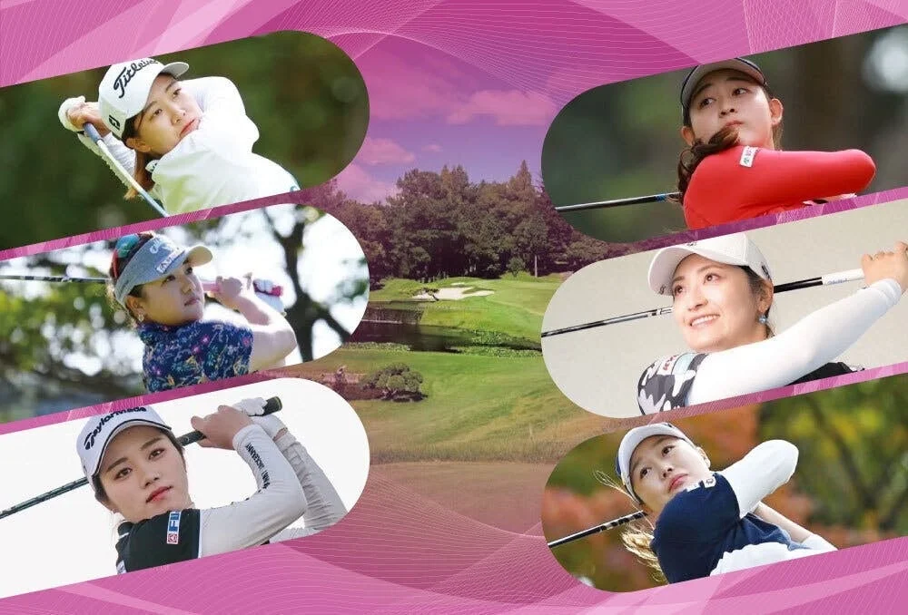 複数の女性ゴルファーがゴルフスイングをしている様子と、緑豊かなゴルフコースの風景がコラージュされた画像です。各選手は真剣な表情でプレーしており、プロフェッショナルな雰囲気が伝わります。