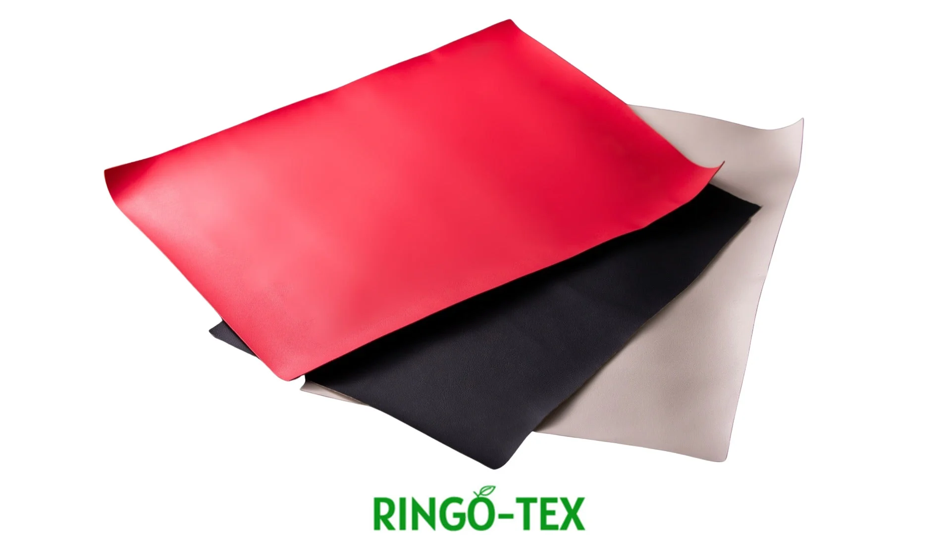 赤、黒、ベージュの3色の生地（合皮またはレザー）が重ねて配置されており、下部には「RINGO-TEX」のロゴが見える画像です。