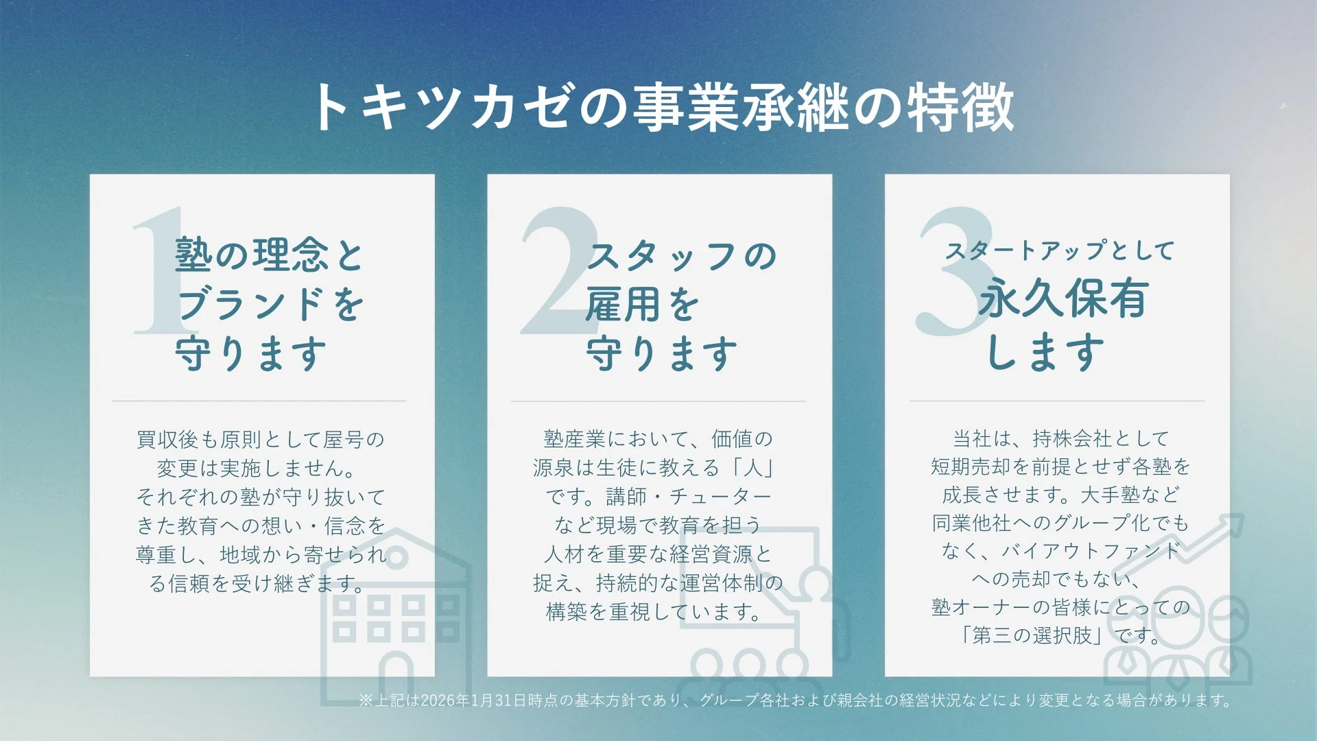 トキツカゼの事業承継における3つの特徴