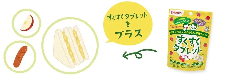 パン中心の朝食にすくすくタブレットをプラスするイメージ