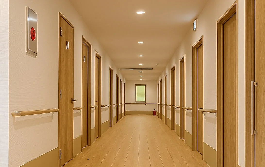 複数の木製のドアが並ぶ清潔で明るい廊下