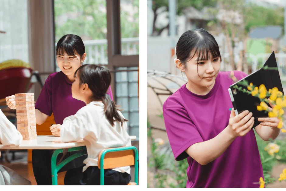 若者と子供、ジェンガ、タブレット、教育、保育、自然観察