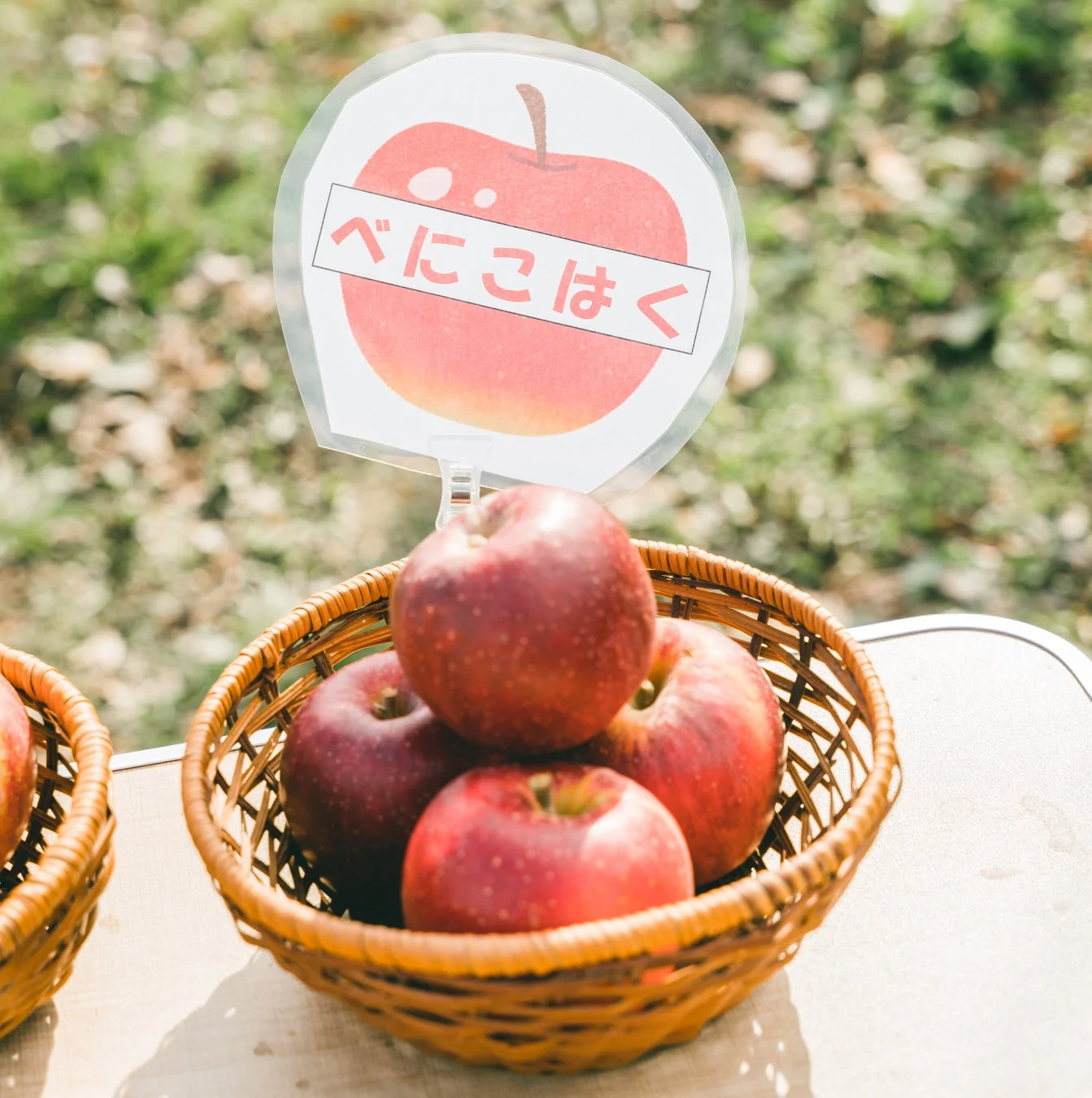 屋外のテーブルに置かれたバスケットに、真っ赤なりんご「紅琥珀」が盛られている写真