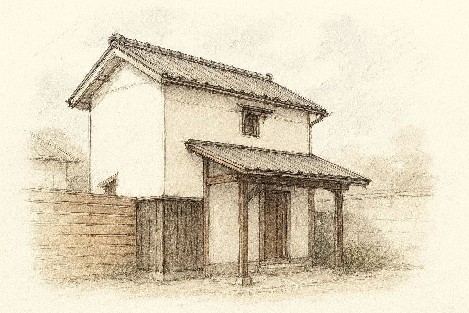 伝統的な日本家屋のスケッチ