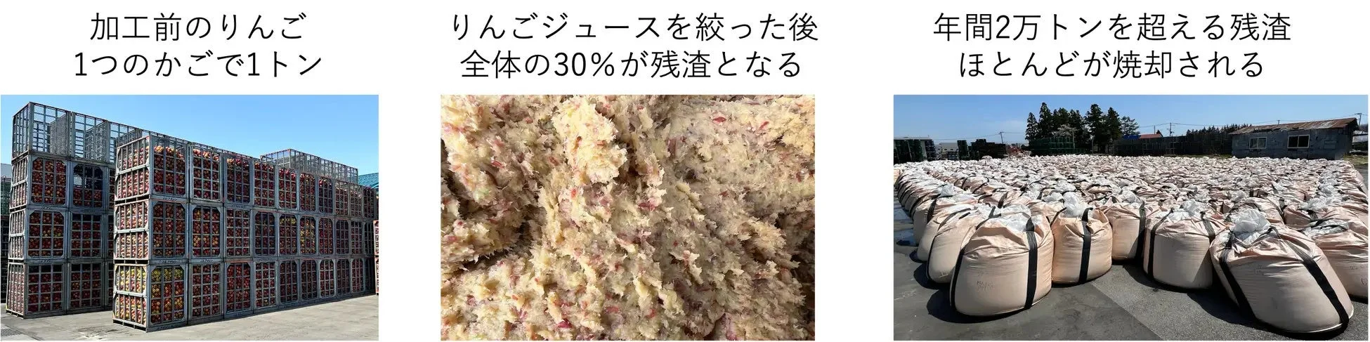 りんごジュース製造工程で発生する大量の残渣問題を示しています。加工前のりんごからジュースを絞ると全体の30%が残渣となり、年間2万トン以上が焼却処分されている現状が分かります。