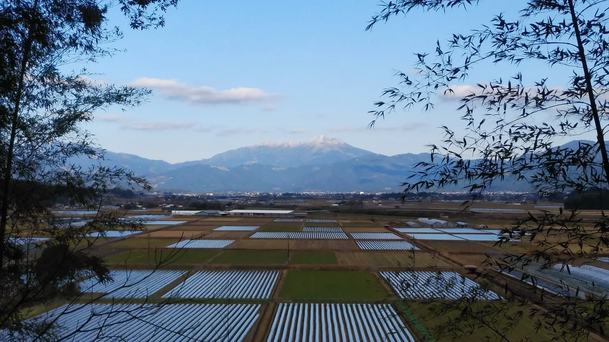 田園風景と雪山