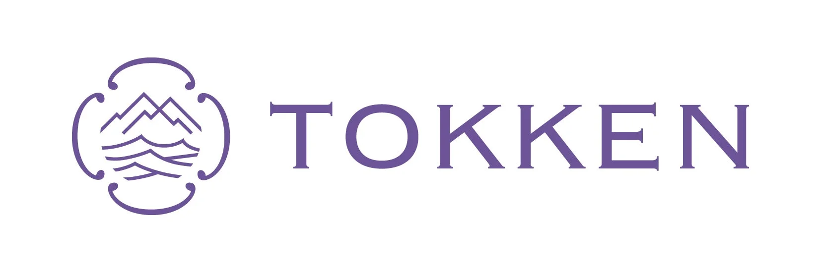 白背景に紫色の「TOKKEN」という文字と、山と波をモチーフにした抽象的なデザインが描かれたロゴ画像です。