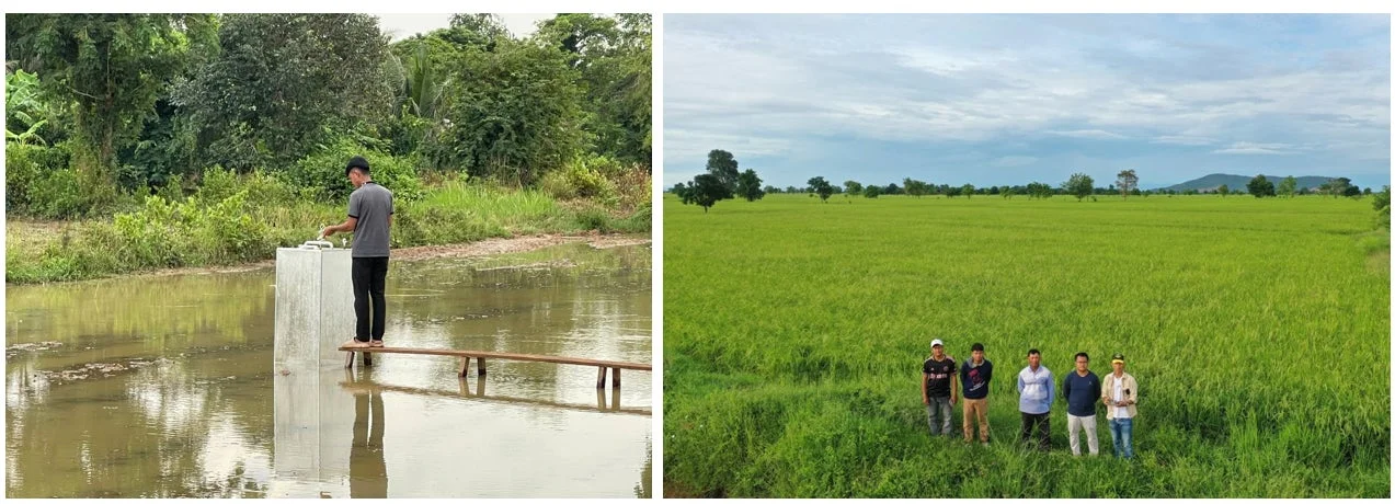 左側では、水辺で一人の男性が機器を操作しており、右側では広大な緑の水田に数人の人々が立っている。農業に関連する作業や調査の様子が写されている。