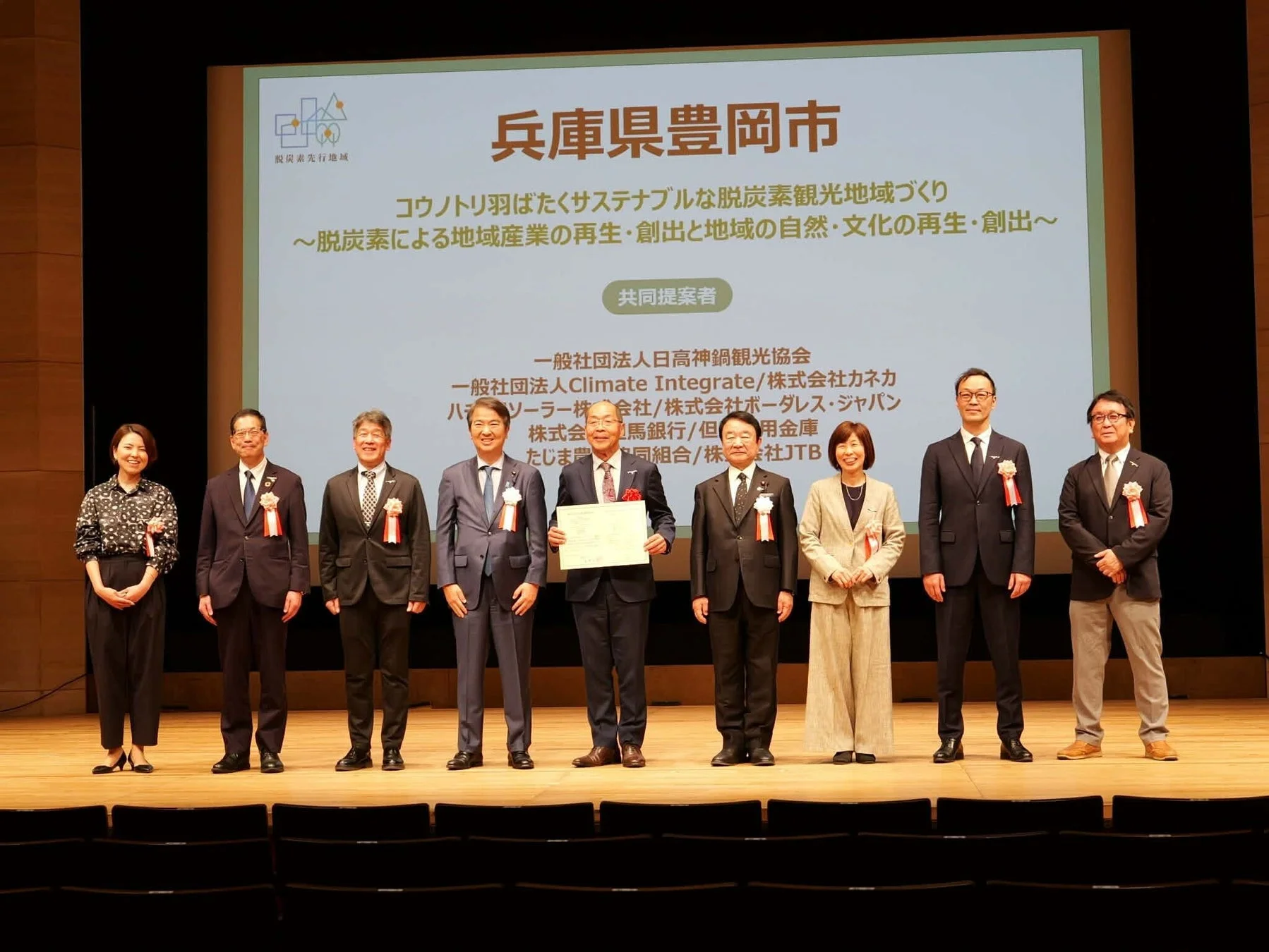 豊岡市の脱炭素観光地域づくりに関する共同提案者の発表会または表彰式の様子