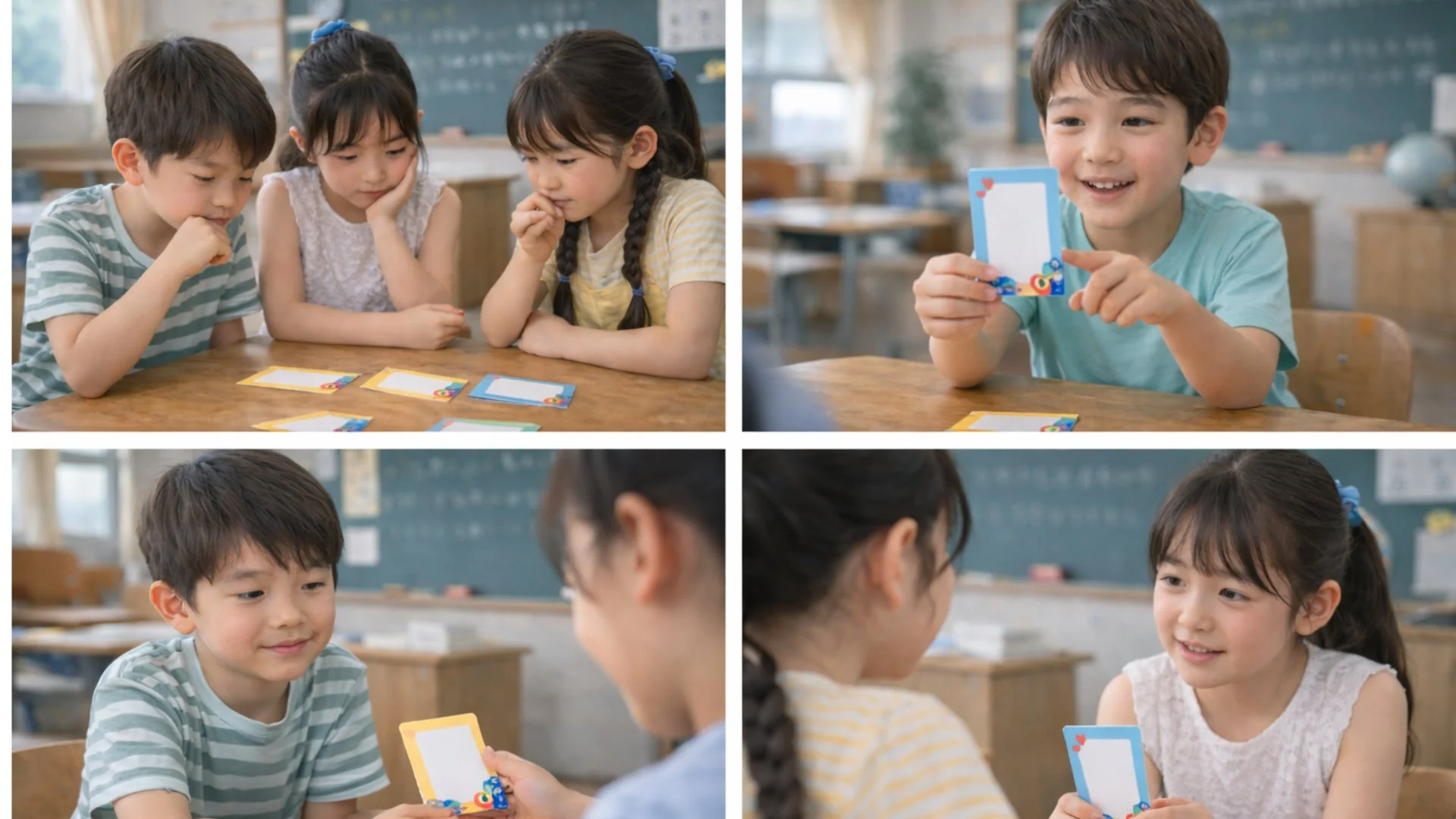 複数の子供たちが教室の机に座り、カラフルなカードを使って楽しそうに学習やゲームをしている様子