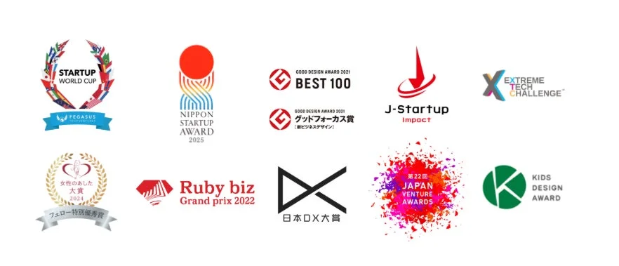 様々なスタートアップ、ビジネス、デザイン関連のアワードや賞のロゴが並べられた画像です。Good Design Award、J-Startup、日本DX大賞など、国内外の著名な賞の受賞実績を示しています。
