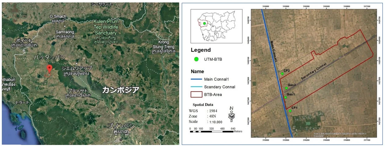 カンボジアの広域地図と、バッタンバン近郊のBTBエリアを示す詳細な衛星画像を提示。主要水路、二次水路、観測地点（CF1, Gas1など）が描かれ、地理空間データと縮尺情報が記載されている。特定のプロジェクト地域に関するGISデータを示しています。