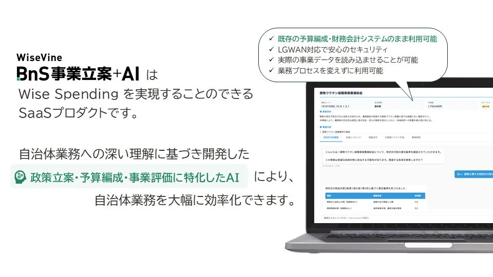 WiseVineの「BnS事業立案+AI」が自治体業務のWise Spendingを実現するSaaSプロダクトであることを示す画像